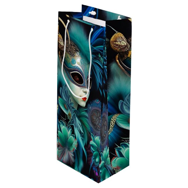 Sac Cadeau Pour Bouteille Madame Masquerade Turquoise (Devant Angle)