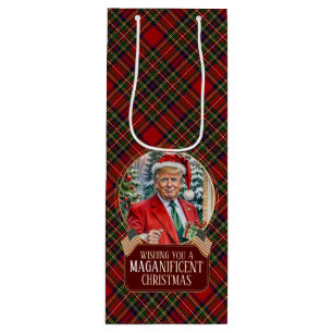 Sac Cadeau Pour Bouteille MAGA Christmas Tartan Plaid Père Noël Trump