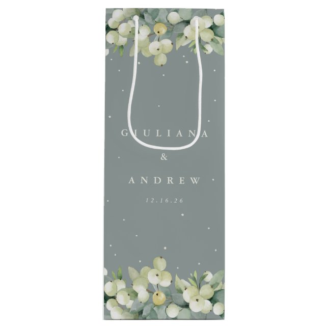 Sac Cadeau Pour Bouteille Mariage d'hiver Seafoam Green Snowberry+Eucalyptus (Devant)