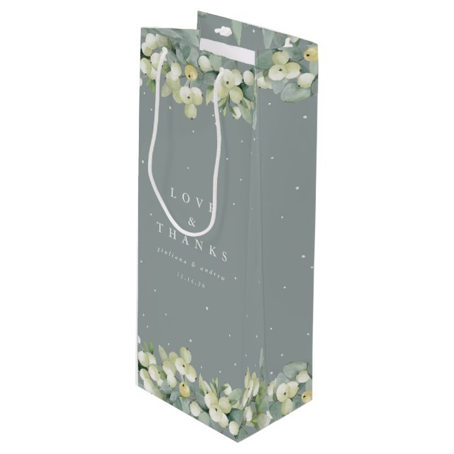 Sac Cadeau Pour Bouteille Mariage d'hiver Seafoam Green Snowberry+Eucalyptus (Devant Angle)