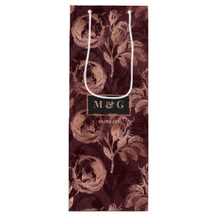 Sac Cadeau Pour Bouteille Mariage floral vintage Bourgogne et or rose