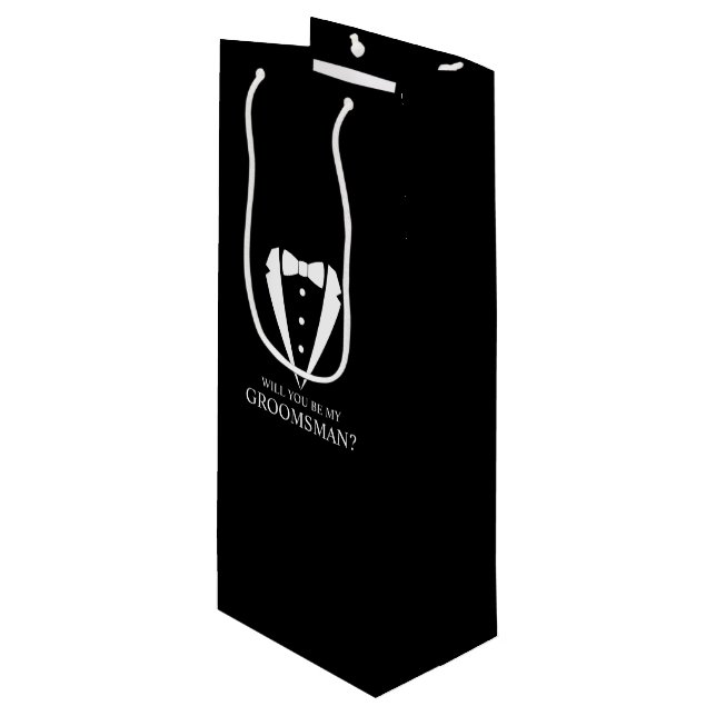 Sac Cadeau Pour Bouteille Mariage noir Tuxedo Suit Groomsman Proposition (Devant Angle)