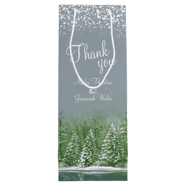 Sac Cadeau Pour Bouteille Mariage pins d'hiver vert gris art merci (Dos)