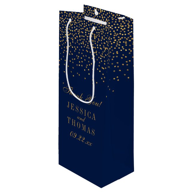 Sac Cadeau Pour Bouteille Marine Blue & Glam Gold Confetti Mariage Faveur (Devant Angle)