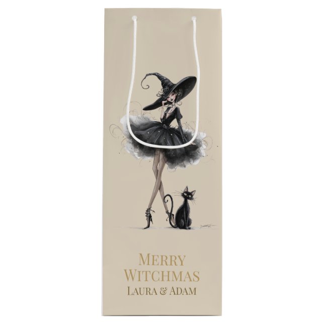 Sac Cadeau Pour Bouteille Merry Witchmas Wine Gift Box – Gothic Witch & Cat  (Devant)