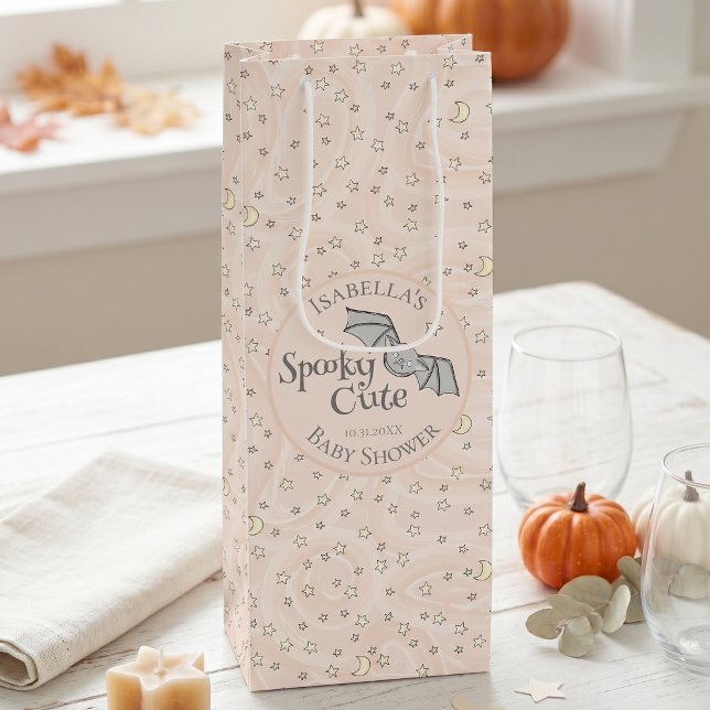 Sac Cadeau Pour Bouteille Mignon Épouvantable Orange Pastel (Spooky Cute Wine Gift Bag features original hand-drawn artwork with cute bat, stars and moons
)