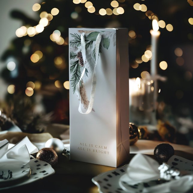 Sac Cadeau Pour Bouteille Moderne Elegant Grey Merry Christmas Wreath (The gift bag includes a white cord handle, but you can replace it with a ribbon or other material)
