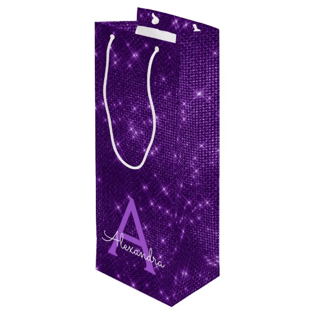 Sac Cadeau Pour Bouteille Monogramme à étincelles violettes - Ajoutez Votre  (Dos Angle)