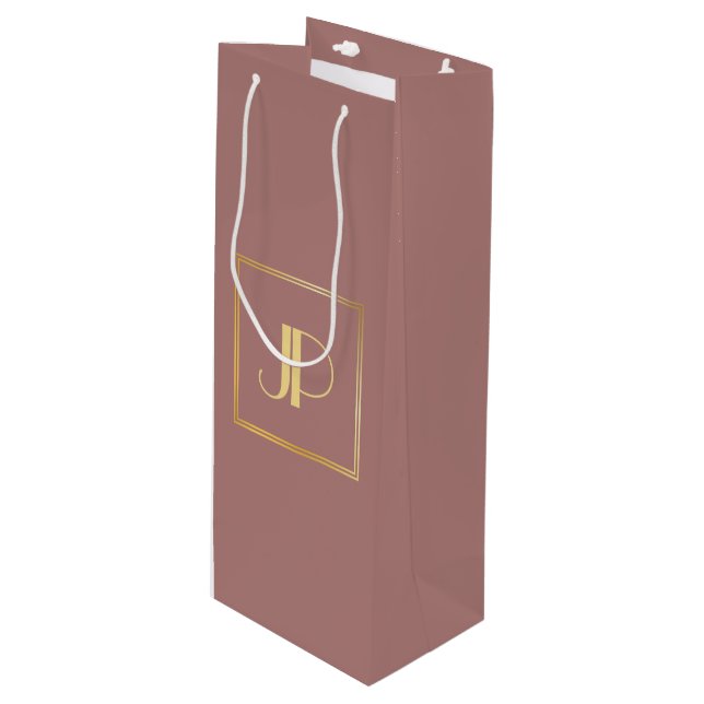 Sac Cadeau Pour Bouteille Monogramme d'or Rose personnalisé Moderne Élégant (Devant Angle)