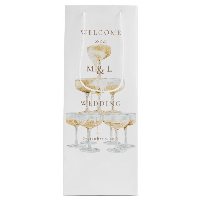Sac Cadeau Pour Bouteille Monogramme Mariage Champagne Tower Gold (Devant)