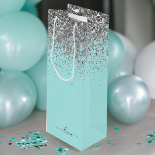 Sac Cadeau Pour Bouteille Monogramme Pailleté Bleu Aqua Turquoise Argent