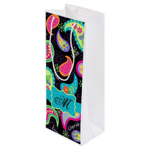 Sac Cadeau Pour Bouteille Monogramme Turquoise Noir Mod Personnalisé Paisley