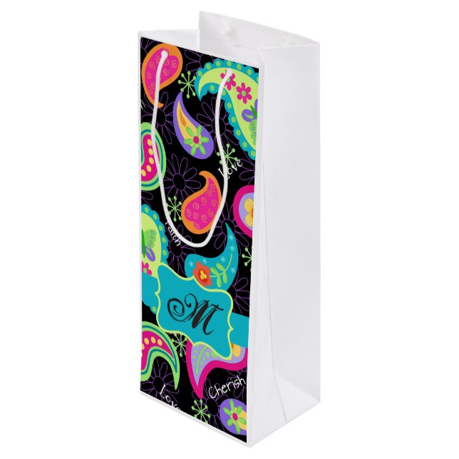 Sac Cadeau Pour Bouteille Monogramme Turquoise Noir Mod Personnalisé Paisley (Dos Angle)