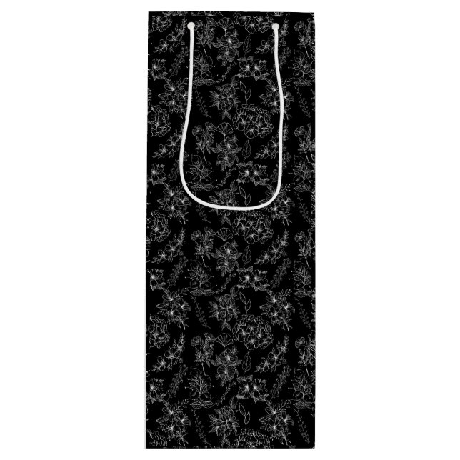 Sac Cadeau Pour Bouteille Motif à fleurs plates 01b Noir BG (Devant)