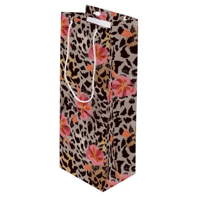 Sac Cadeau Pour Bouteille Motif animal léopard Fleurs roses tropicales (Devant Angle)