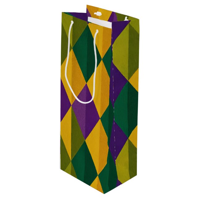 SAC CADEAU POUR BOUTEILLE MOTIF DIAMANT MARDI GRAS VERT JAUNE VIOLET (Devant Angle)