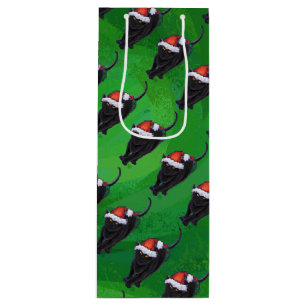 Sac Cadeau Pour Bouteille Motif Festif de chat noir sur vert