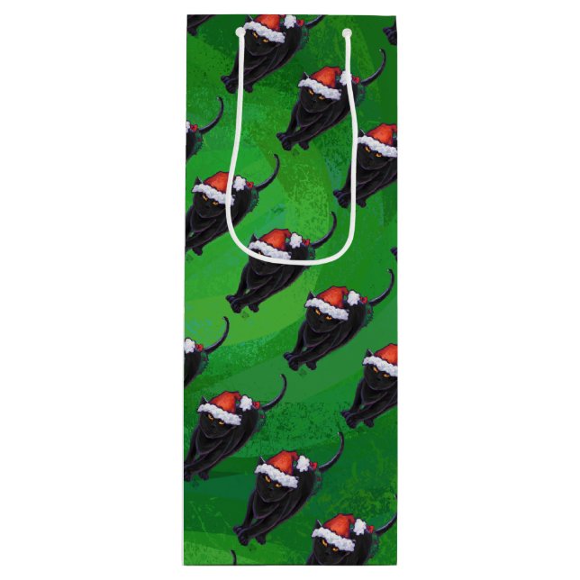 Sac Cadeau Pour Bouteille Motif Festif de chat noir sur vert (Devant)