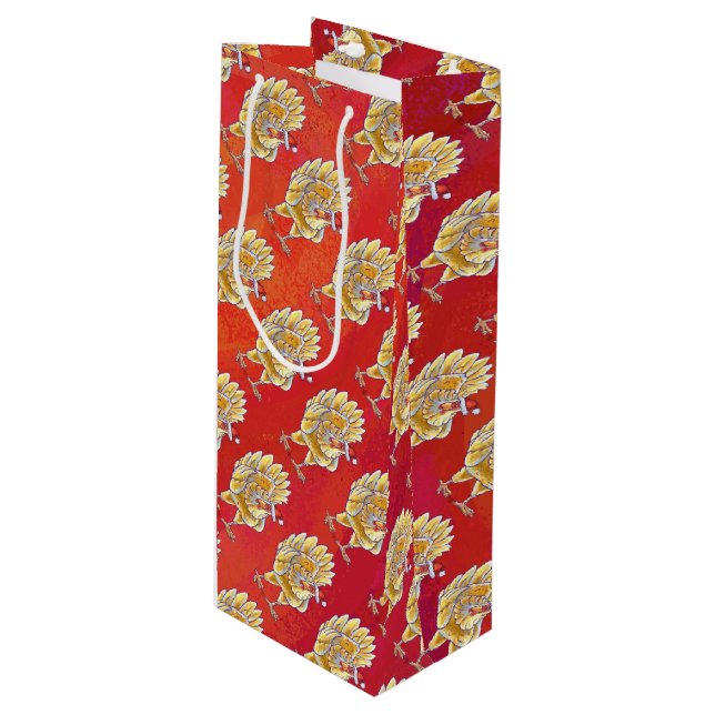 Sac Cadeau Pour Bouteille Noël Du Poulet Sur Rouge (Devant Angle)