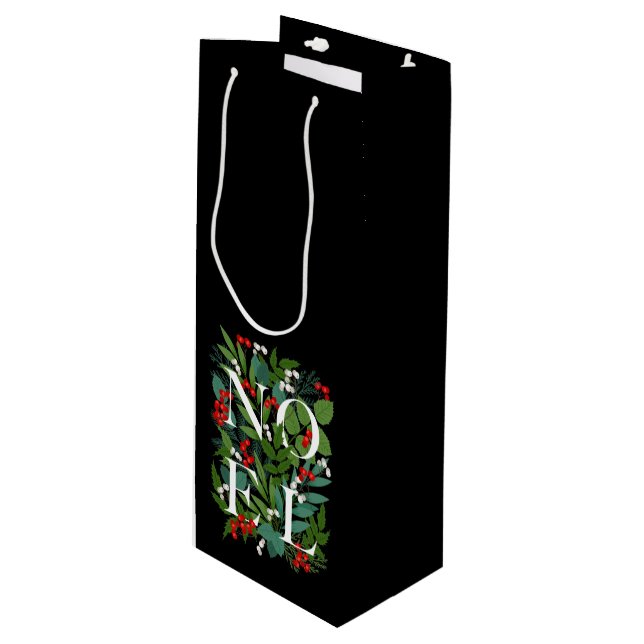 Sac Cadeau Pour Bouteille NOEL Greenery Berries Noël Noir (Devant Angle)