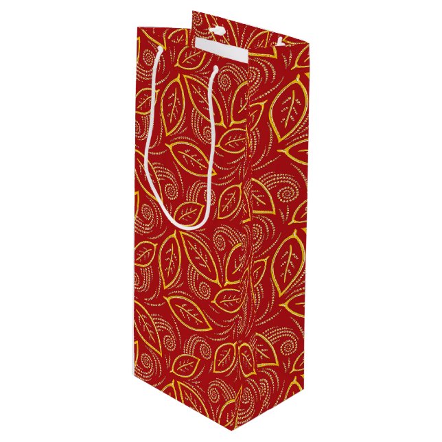 Sac Cadeau Pour Bouteille Noël Rouge et or Feuille illustré Motif (Devant Angle)