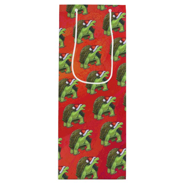 Sac Cadeau Pour Bouteille Noël Tortue Sur Rouge (Devant)