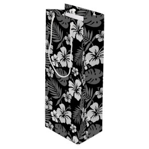 SAC CADEAU POUR BOUTEILLE NOIR AVEC FLEURS HIBISQUES BLANCHES TROPICALES