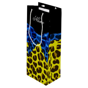 Sac Cadeau Pour Bouteille Nom personnalisé bleu arc jaune léopard