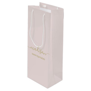 Sac Cadeau Pour Bouteille Nom personnalisé Salutation Chic Gold Script Blush