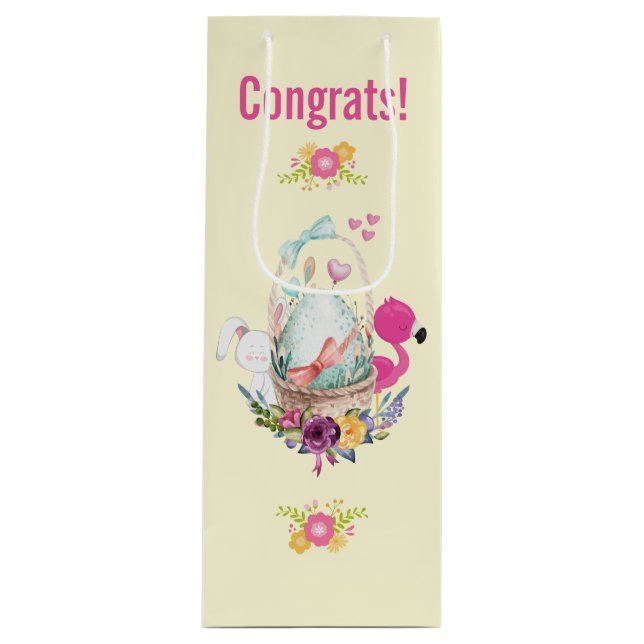 Sac Cadeau Pour Bouteille Oeuf mignon, Flamant rose rose et lapin, Aquarelle (Devant)