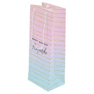 Sac Cadeau Pour Bouteille Ombre bleu rose avec lignes or Anniversaire