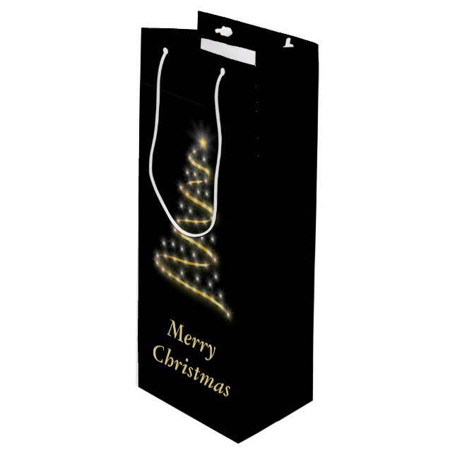 Sac Cadeau Pour Bouteille Or brillant sapin de Noël noir (Devant Angle)