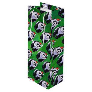 Sac Cadeau Pour Bouteille Ours de panda à Santa Hat sur Vert