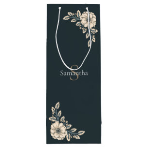 Sac Cadeau Pour Bouteille Oxford Blue Gold Monogramme Fleurs élégantes