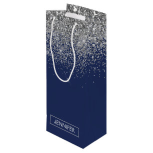 Sac Cadeau Pour Bouteille Paillettes Bleu Marine Argenté Monogramme Nom Fémi
