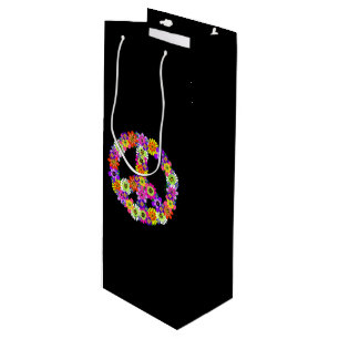 Sac Cadeau Pour Bouteille Panneau de paix Floral sur noir