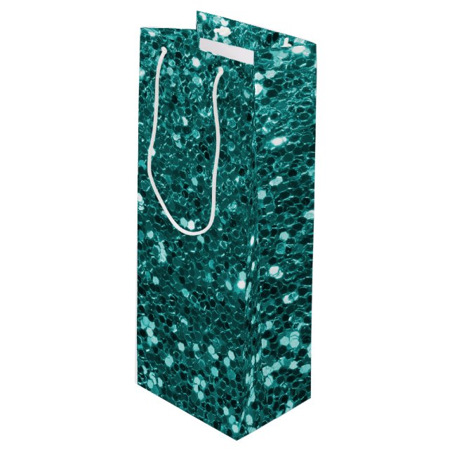 Sac Cadeau Pour Bouteille Parties scintillantes turquoises chics de Faux (Devant Angle)