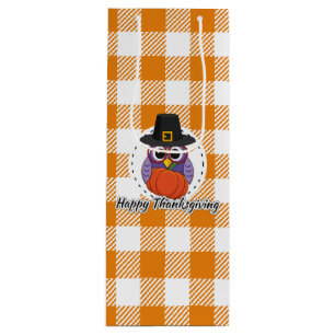 Sac Cadeau Pour Bouteille Pilgrim owl on Orange Plaid - Happy Thanksgiving