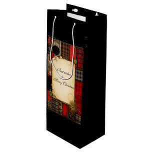 Sac Cadeau Pour Bouteille Plaid Red Black Gold Salutation de Noël