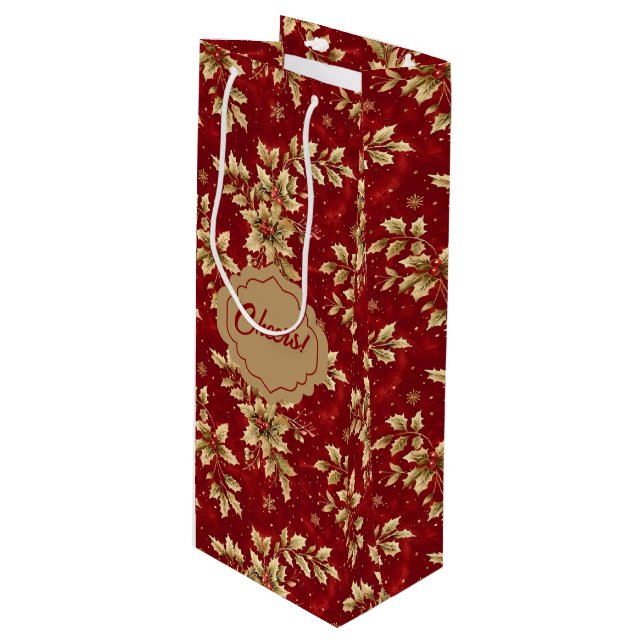 Sac Cadeau Pour Bouteille Poinsettias Métal Or Sur Rouge (Devant Angle)