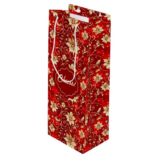 Sac Cadeau Pour Bouteille Poinsettias Métal Or Sur Rouge (Devant Angle)