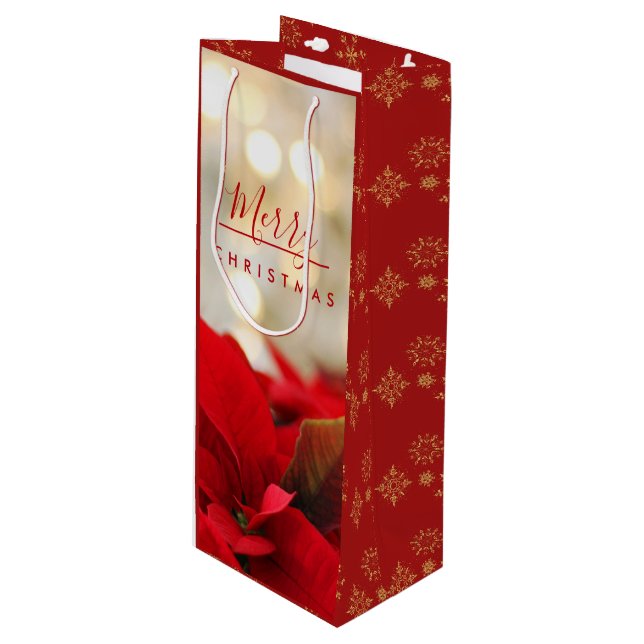 Sac Cadeau Pour Bouteille Poinsettias rouges avec Golden Bokeh Noël (Devant Angle)