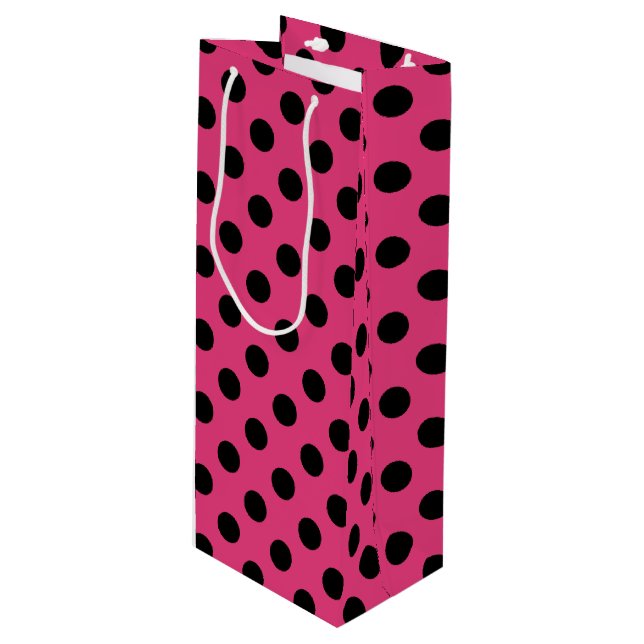 Sac Cadeau Pour Bouteille Pois noirs sur fuchsia (Devant Angle)