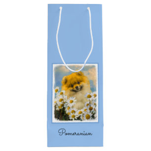 Sac Cadeau Pour Bouteille Poméranien dans Daisies Peinture - Art Chien origi