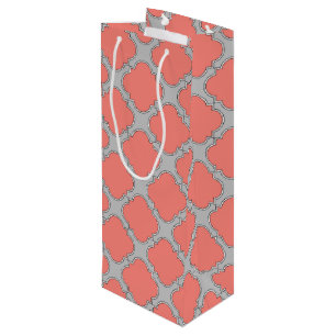 Sac Cadeau Pour Bouteille Quatrefoil corail et gris