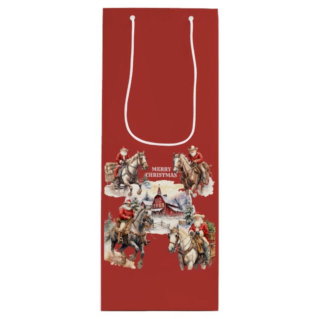 Sac Cadeau Pour Bouteille Red Western Christmas Père Noël Sur Horseback Cade (Devant)