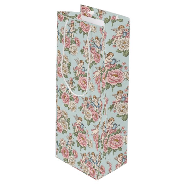 Sac Cadeau Pour Bouteille Rococo Revival Cherub Floral Toile Wrapping Paper (Devant Angle)