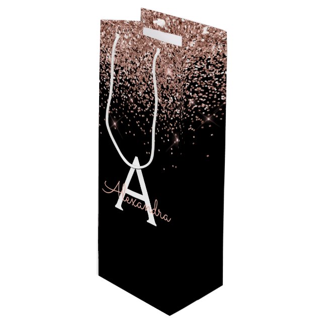Sac Cadeau Pour Bouteille Rose Gold - Blush Pink Parties scintillant Monogra (Devant Angle)