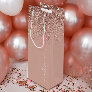 Sac Cadeau Pour Bouteille Rose Gold Blush Rose Pailleté Monogramme Féminin S