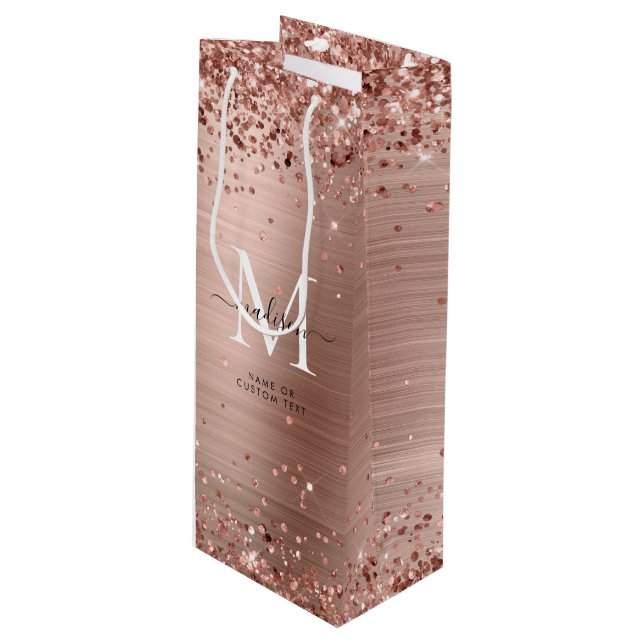Sac Cadeau Pour Bouteille Rose Parties scintillant or brossé métal Monogramm (Devant Angle)